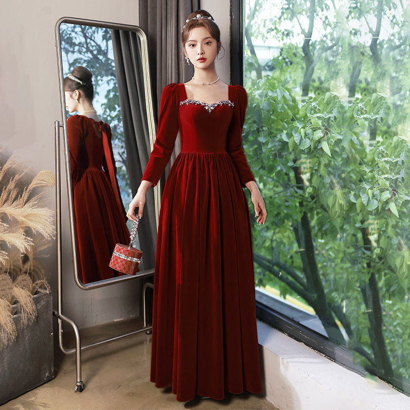 Wine Red Velvet Evening Dress Bride Out Of Court Banquet Dress