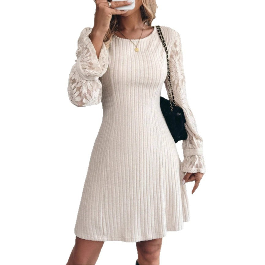 Fashion Long Sleeve Knitted Women's Lace Trim Dress