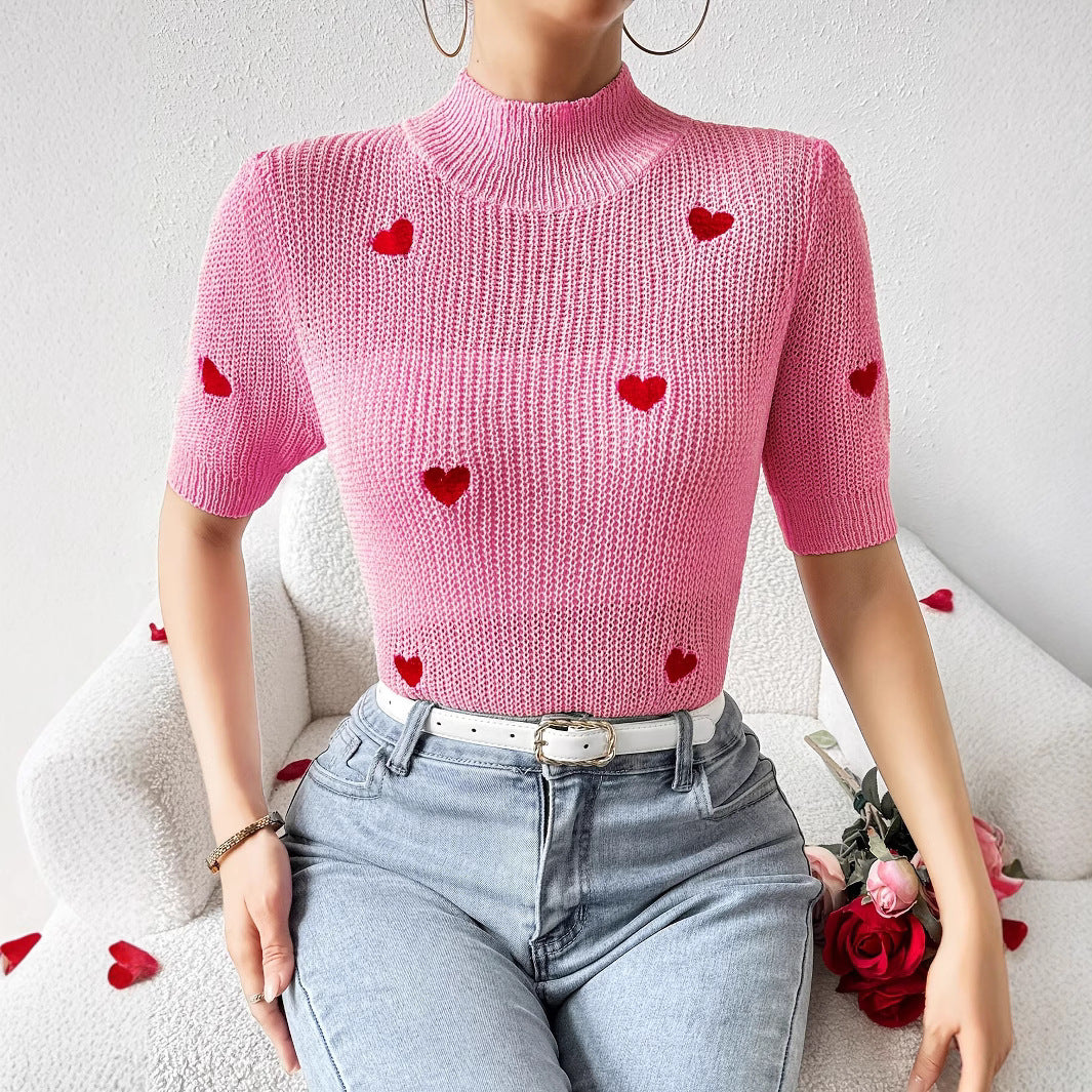 Fashion High-neck Heart Knit Short Sleeve Women