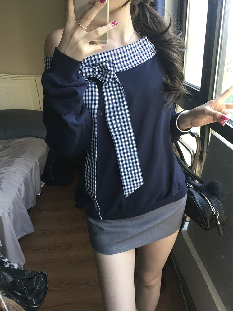 Fashion Plaid Off-shoulder Long Sleeve T-shirt Women