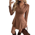 Solid Color Waist-length Long Sleeve Lapel Women's Knitted Suede Dress