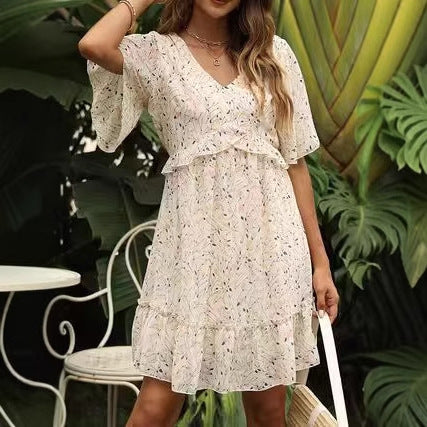 Fashion Slim Fit V-neck Printed Short Sleeve Dress
