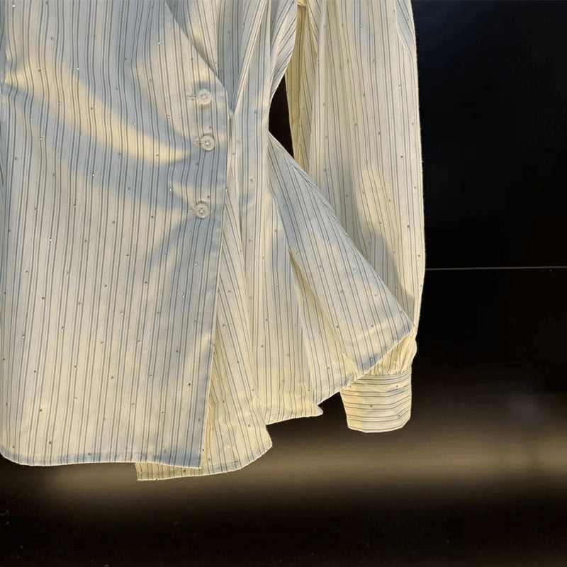 Temperament Waist-tie Long-sleeved Shirt Striped Cardigan Women