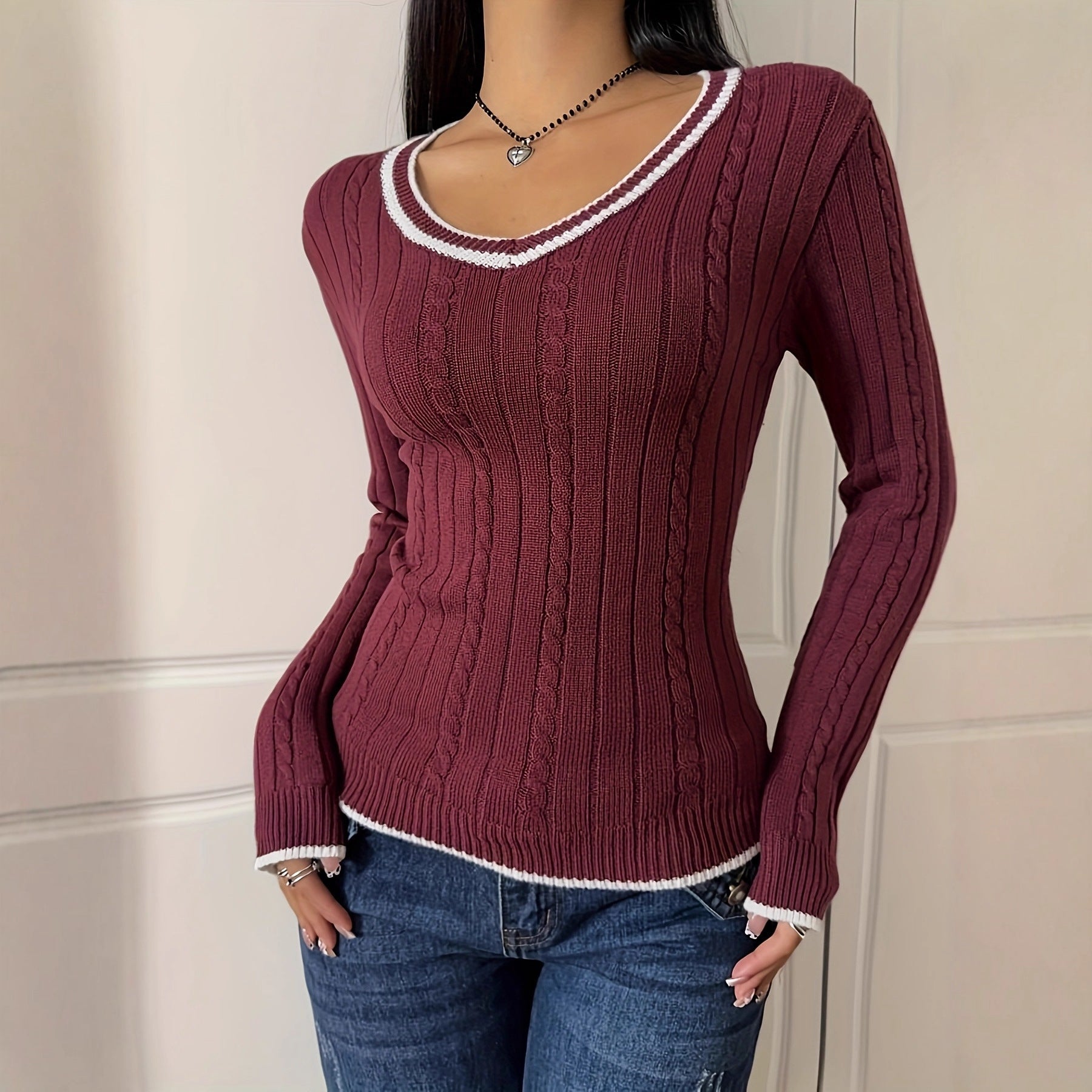 Color-block Casual Sweater Slim-fit V-neck Pullover Knit Top