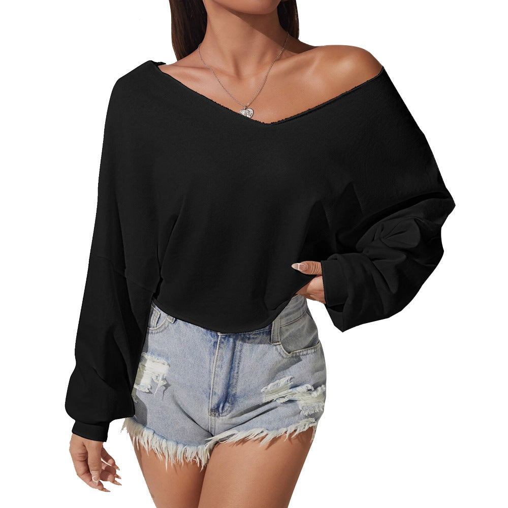 European And American Elegant And Intellectual Style Loose T-shirt Autumn And Winter V-neck Versatile Slim Off-shoulder Design Top