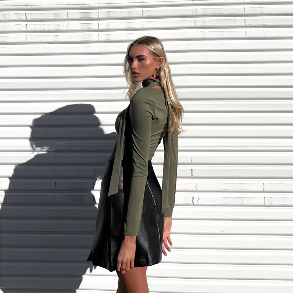 European And American High-end Mature Style T-shirt Autumn And Winter Square Neck Tie Slim Short Top With Temperament