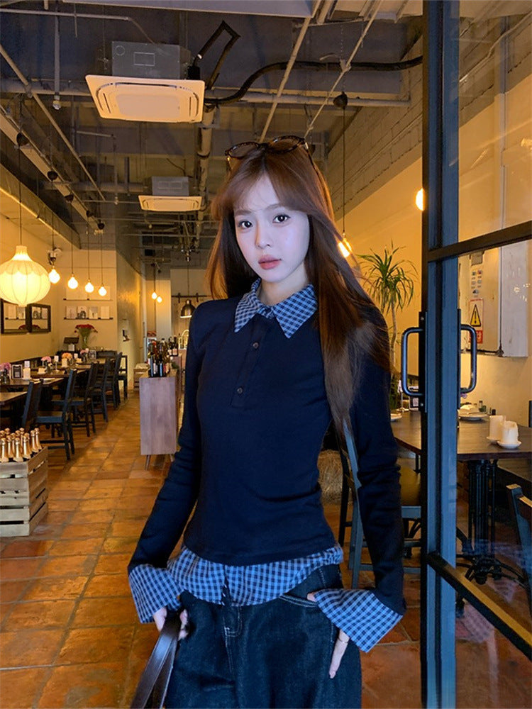 Fashion Fake Two-piece Slim-fit Long-sleeved T-shirt For Women