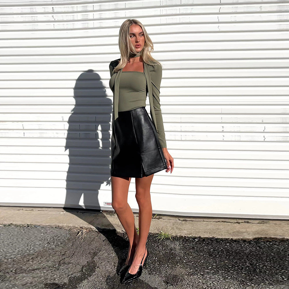 European And American High-end Mature Style T-shirt Autumn And Winter Square Neck Tie Slim Short Top With Temperament