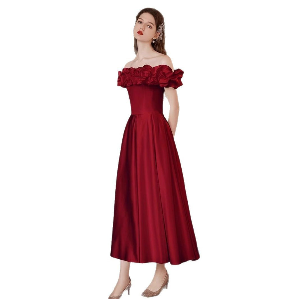 Wine Red Bride Marriage Engagement Dress Mid-length High-end Sense