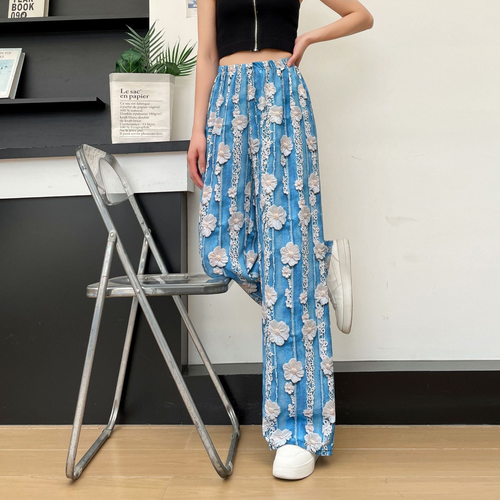 Women's Thin Casual High-waisted Loose Retro Printed Denim Straight-leg Pants