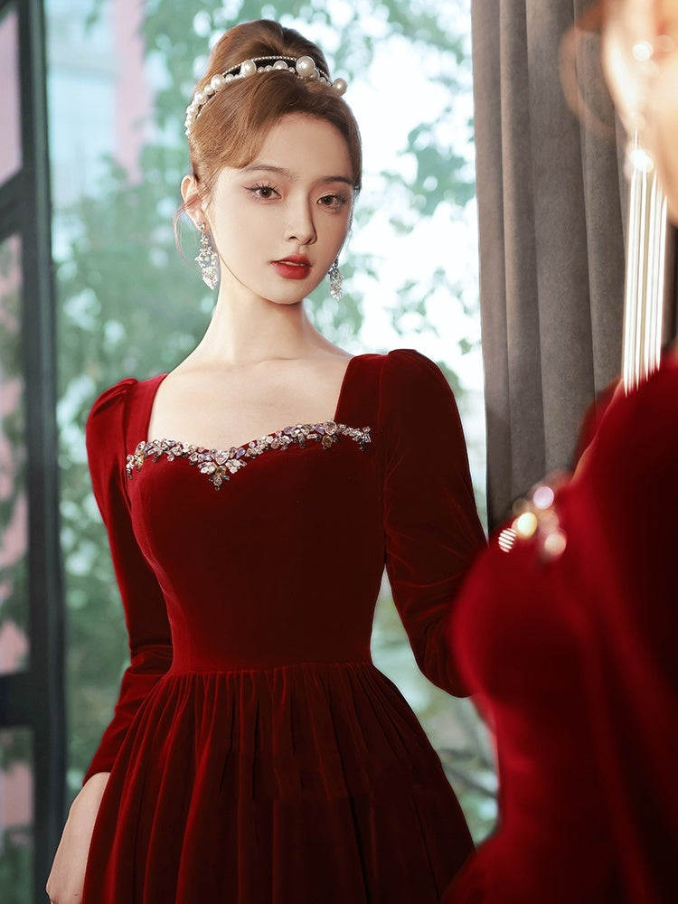 Wine Red Velvet Evening Dress Bride Out Of Court Banquet Dress