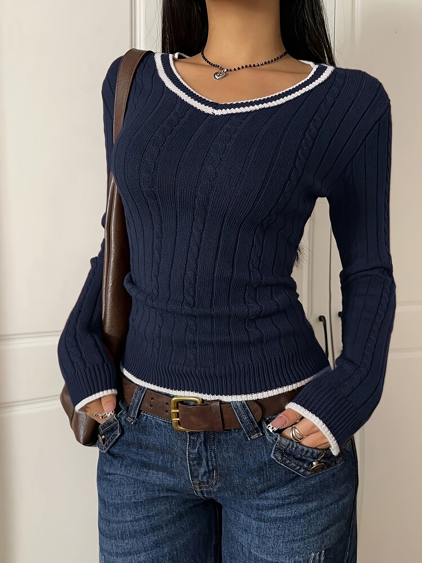 Color-block Casual Sweater Slim-fit V-neck Pullover Knit Top