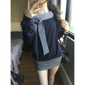 Fashion Plaid Off-shoulder Long Sleeve T-shirt Women