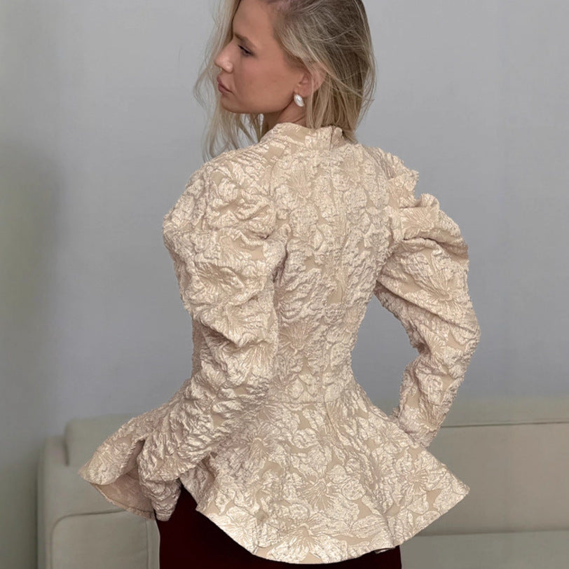 Lady's Retro Solid Color Stand Collar Puff Sleeve Long Sleeve