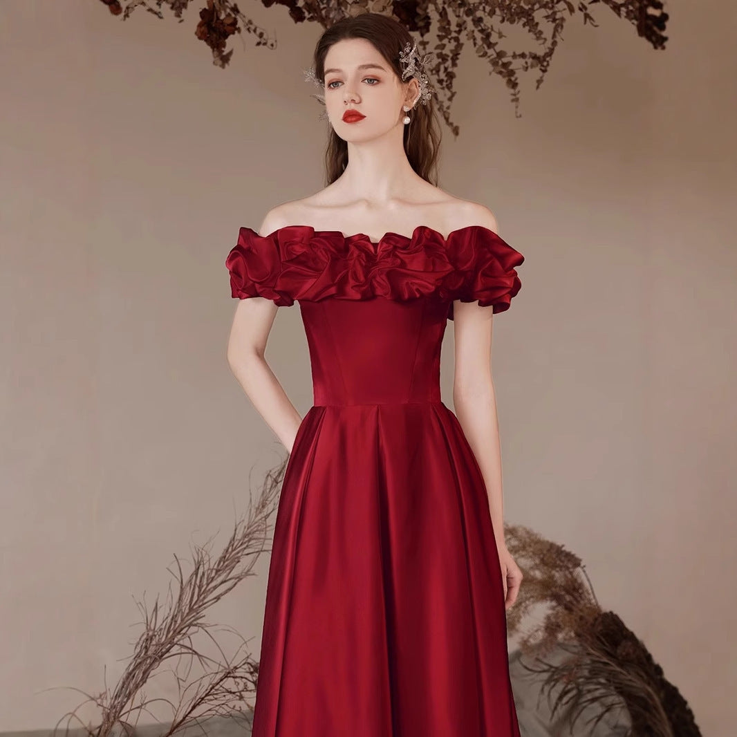 Wine Red Bride Marriage Engagement Dress Mid-length High-end Sense