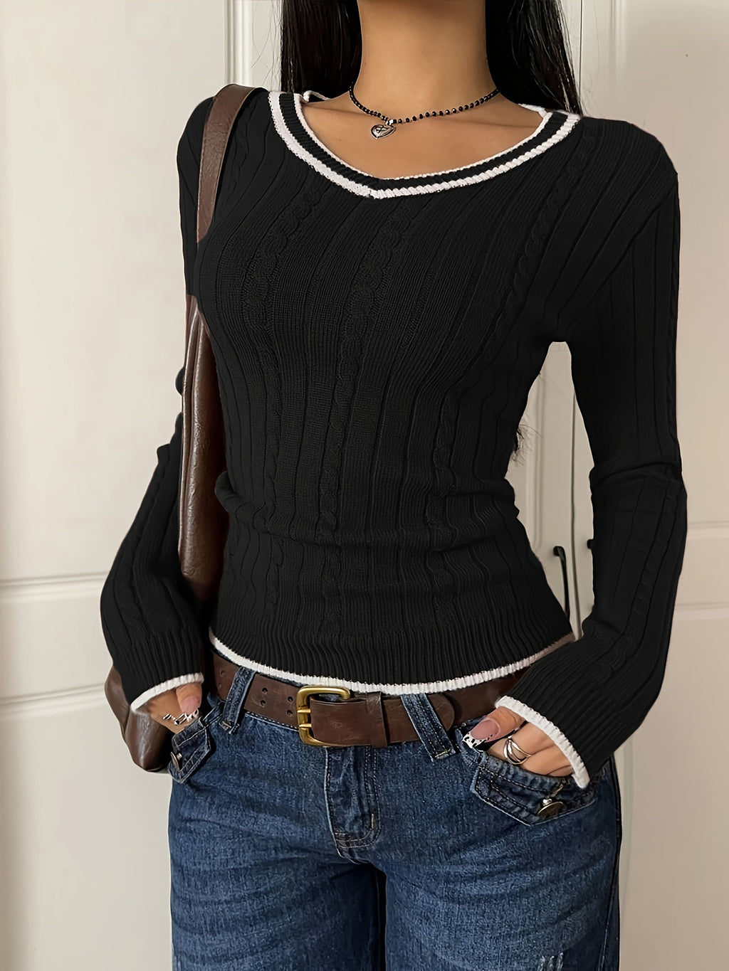 Color-block Casual Sweater Slim-fit V-neck Pullover Knit Top