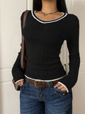 Color-block Casual Sweater Slim-fit V-neck Pullover Knit Top