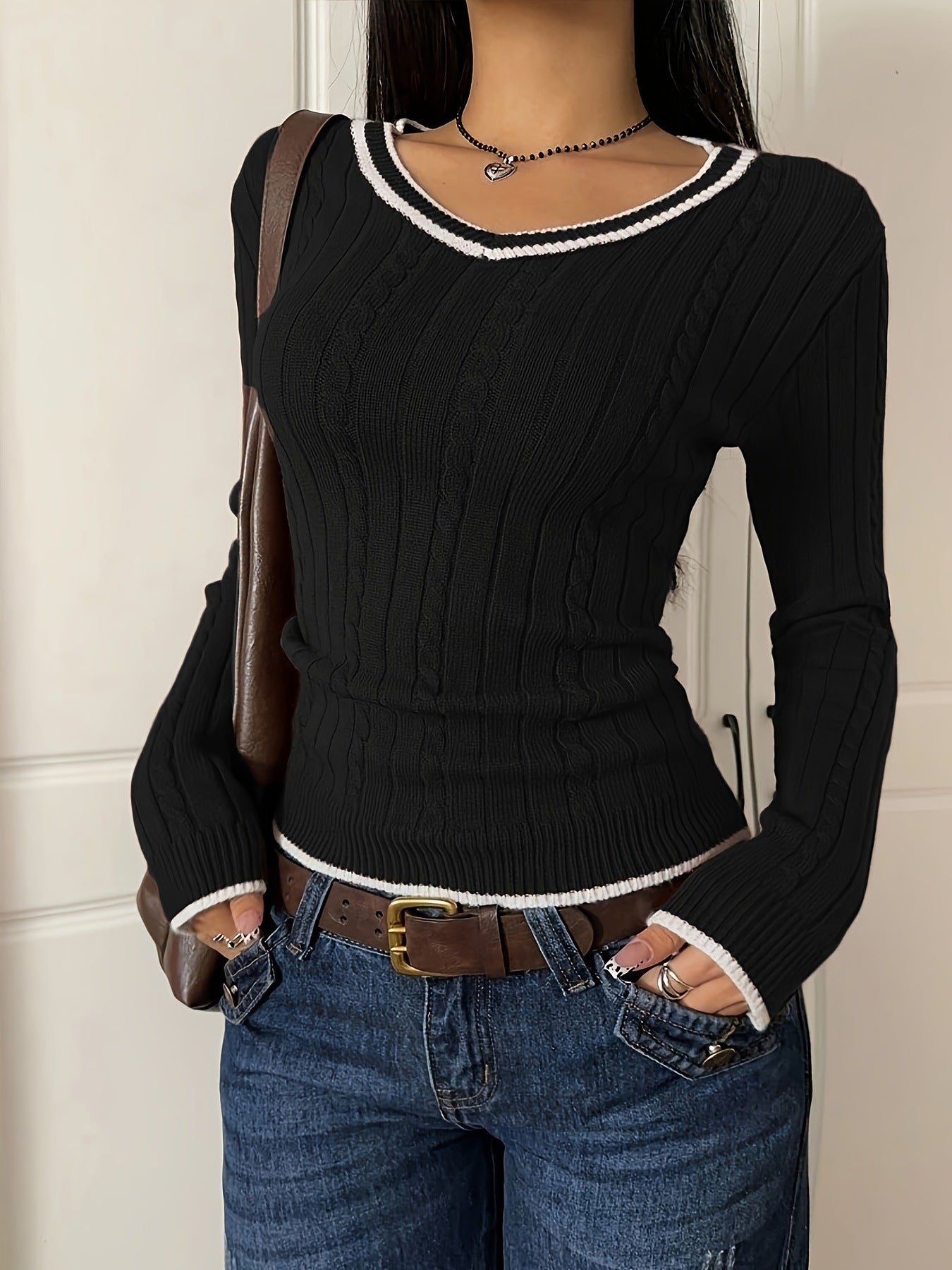 Color-block Casual Sweater Slim-fit V-neck Pullover Knit Top