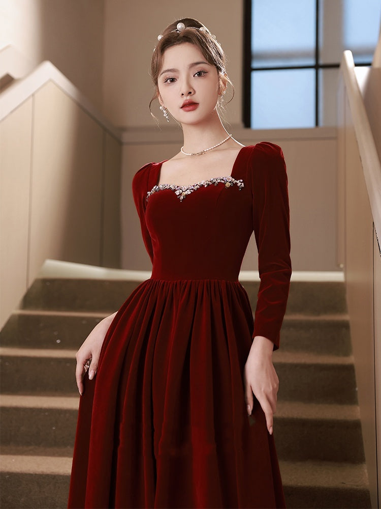 Wine Red Velvet Evening Dress Bride Out Of Court Banquet Dress