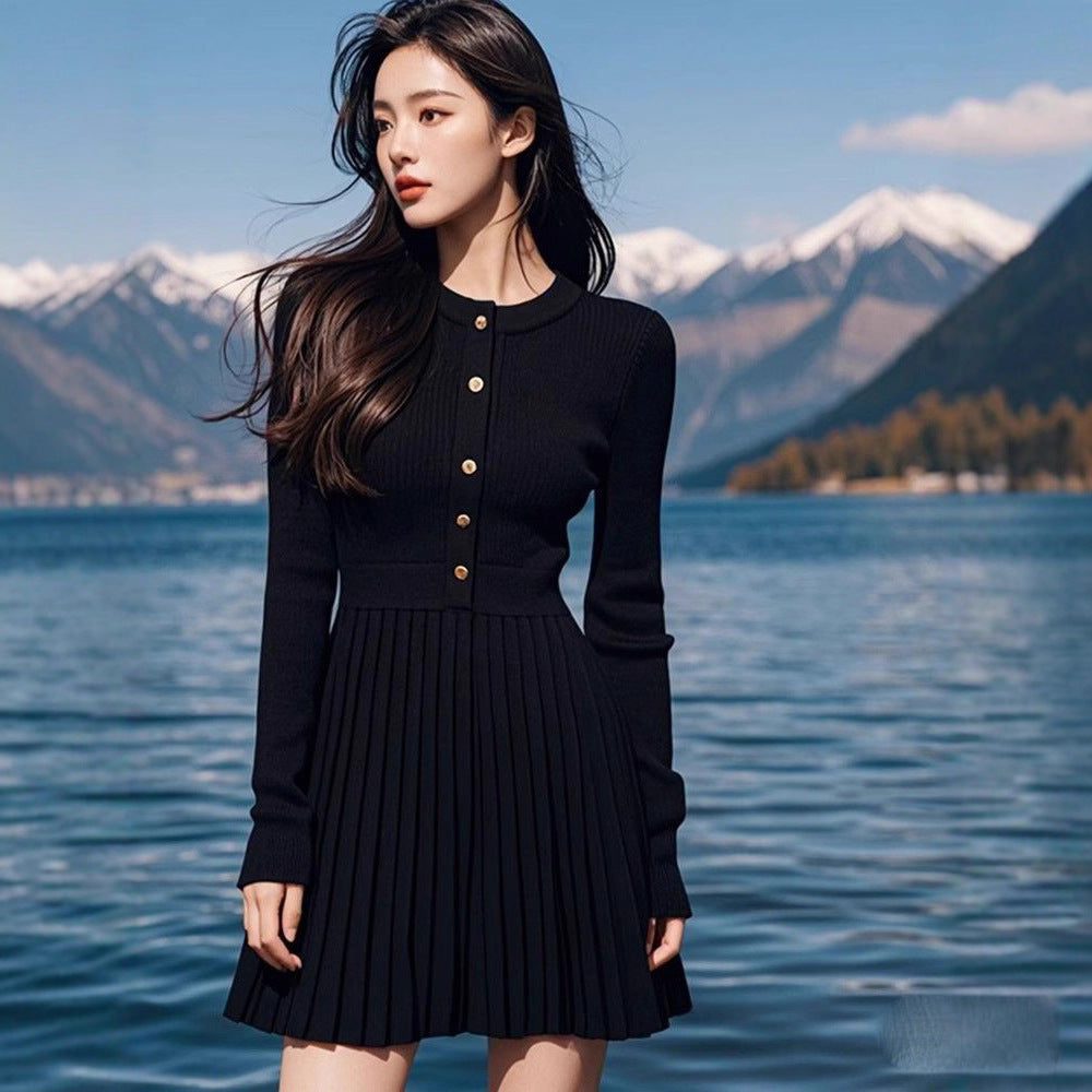 French Black Waist-cinching Knit Women's Dress