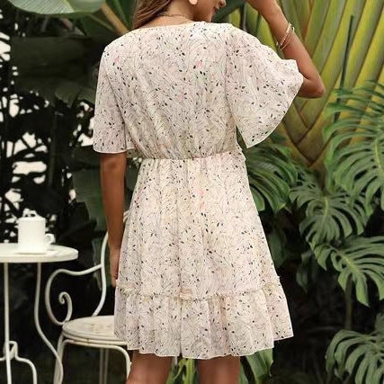 Fashion Slim Fit V-neck Printed Short Sleeve Dress