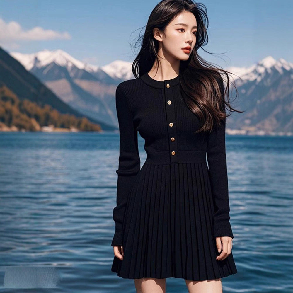 French Black Waist-cinching Knit Women's Dress