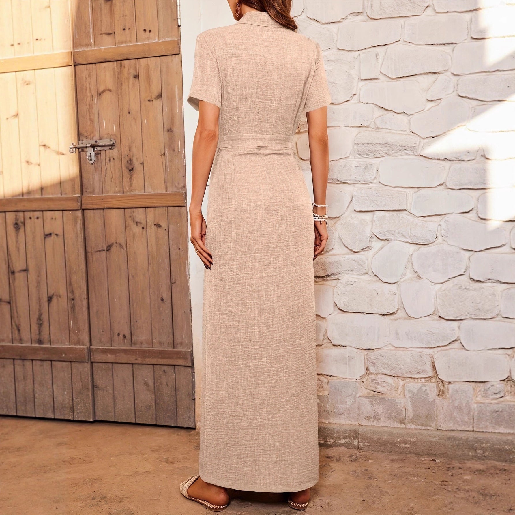 Women's Lapel Dress Cardigan Button Belt Decorated Dress