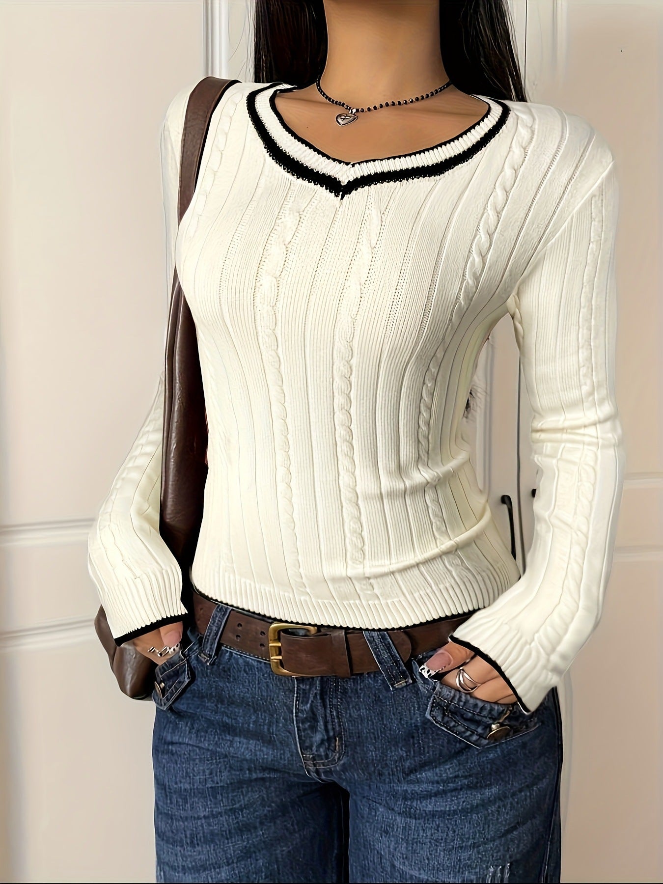 Color-block Casual Sweater Slim-fit V-neck Pullover Knit Top