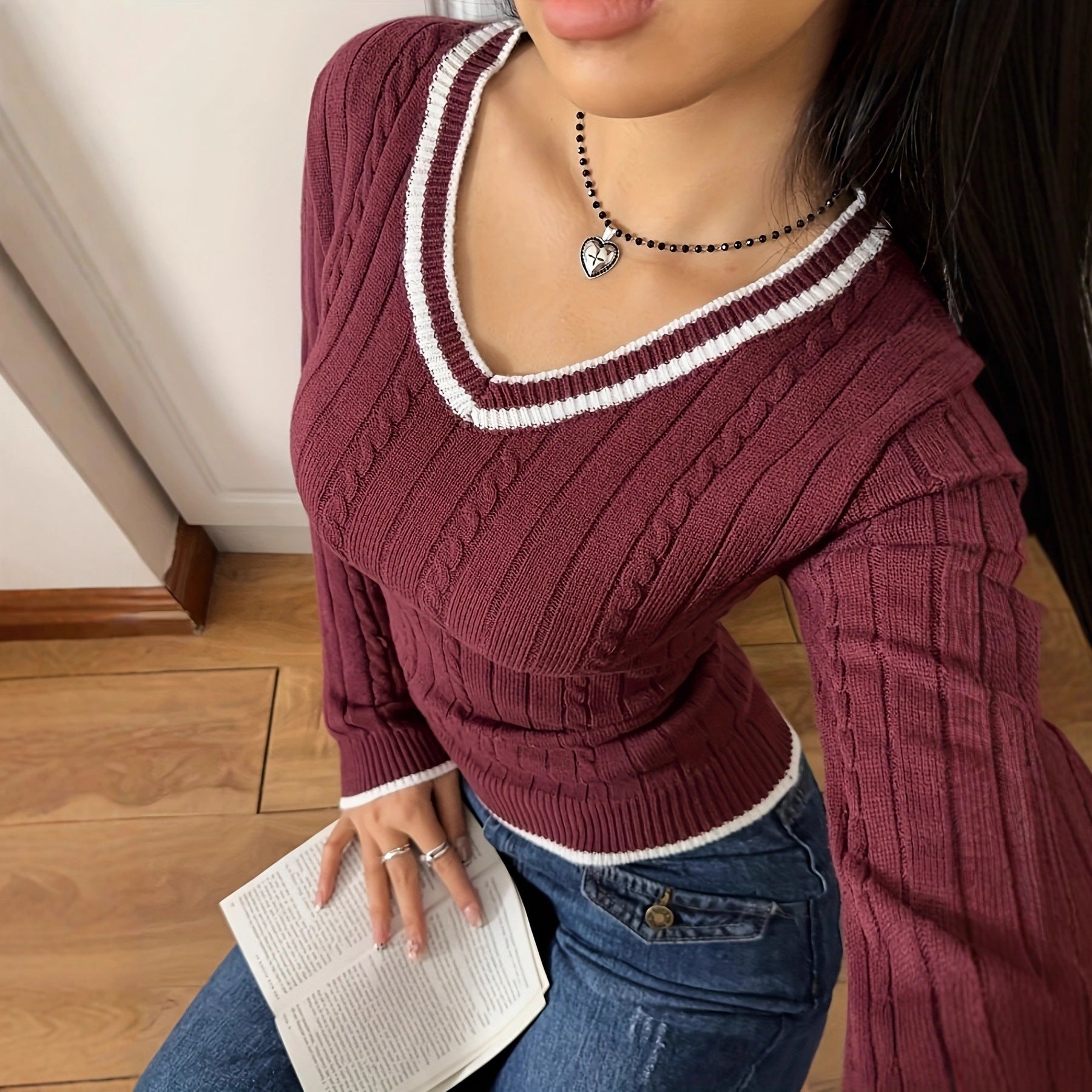 Color-block Casual Sweater Slim-fit V-neck Pullover Knit Top