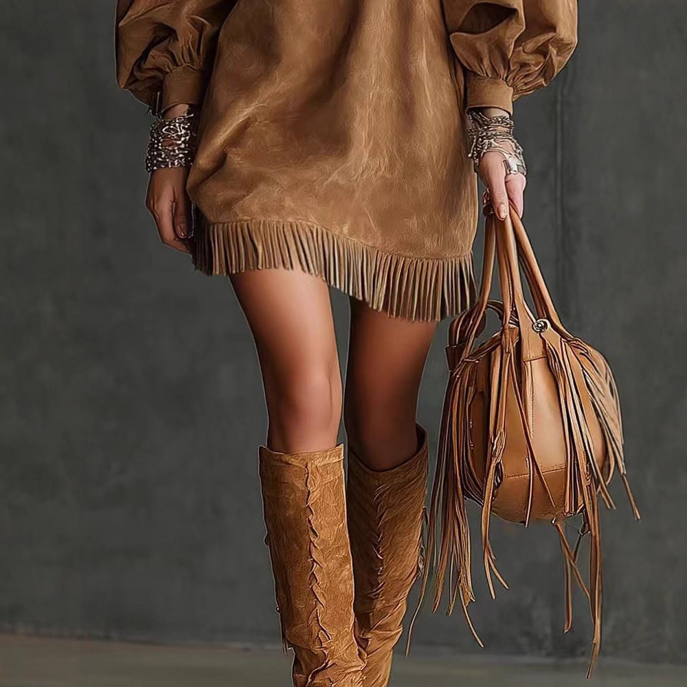 Ladies Fringe Loose Solid Color Dress