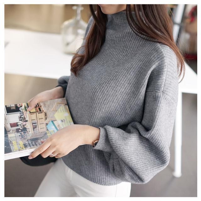 Half-high Collar Short Lantern Sleeve Pullover Sweater Women