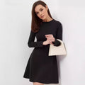 Solid Color Casual Office Round Neck Waist Long Sleeve Knitted Dress