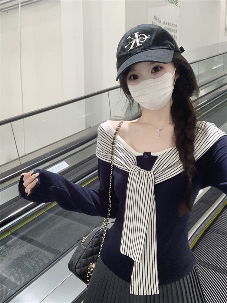 Fashion Striped Lace-up Long Sleeve T-shirt Women