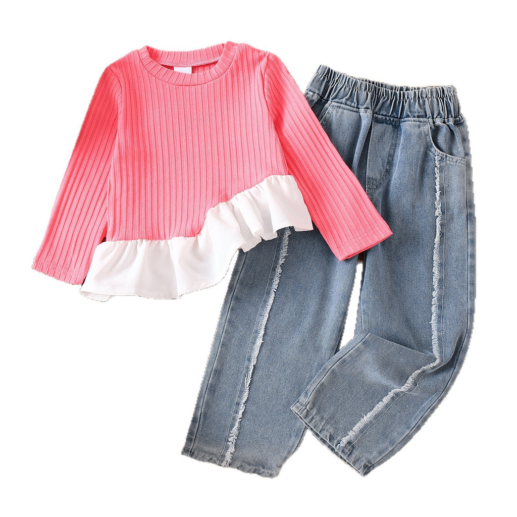 Stitching Lace Wool And Beard Denim Trousers Suit