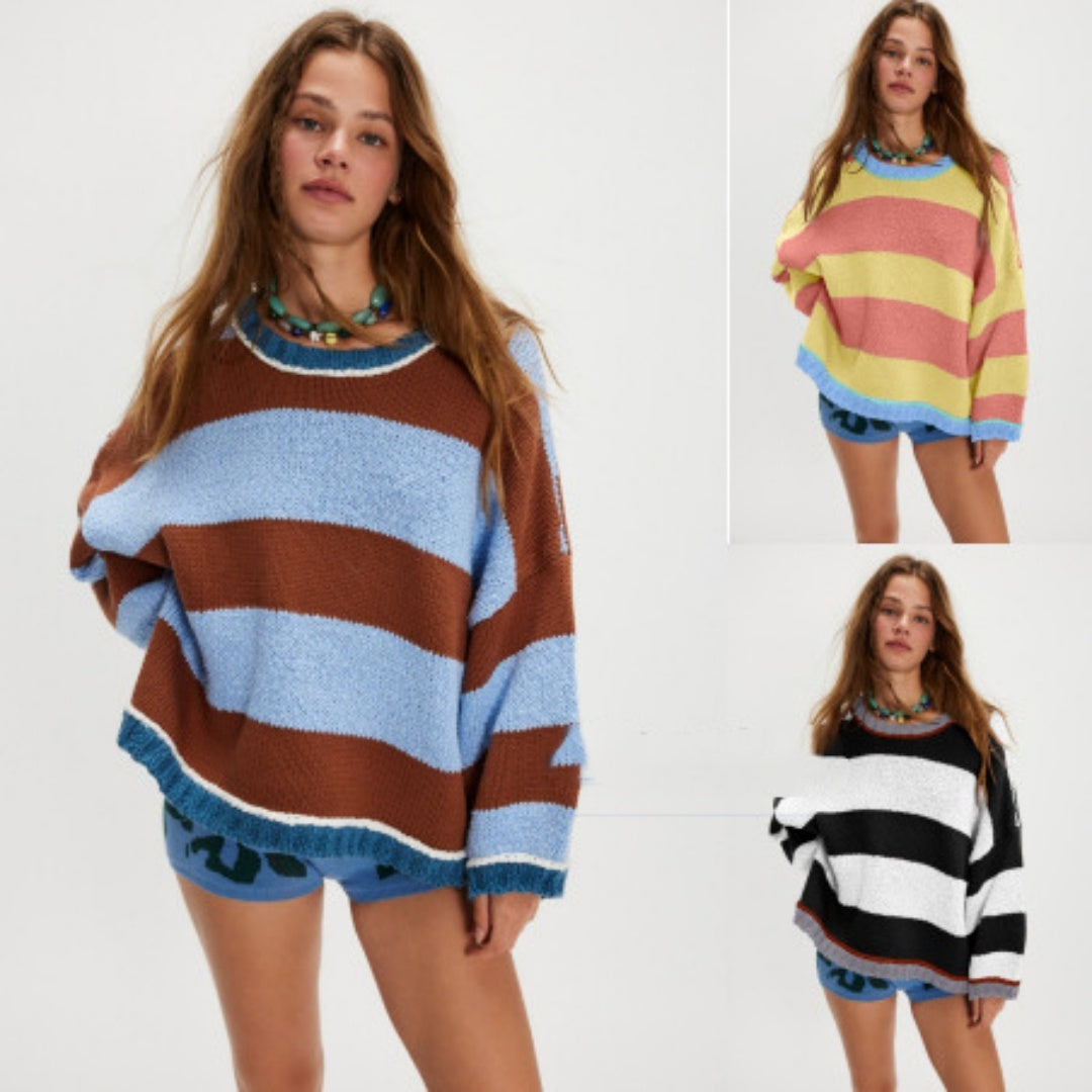 Women's Fashion Loose Color-block Striped Sweater