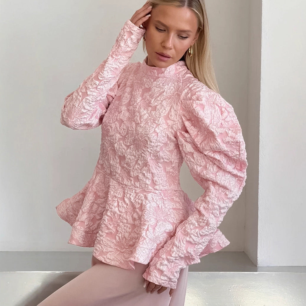 Lady's Retro Solid Color Stand Collar Puff Sleeve Long Sleeve