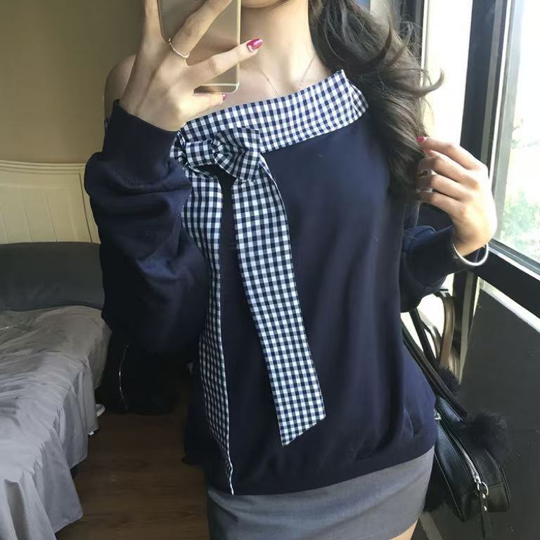 Fashion Plaid Off-shoulder Long Sleeve T-shirt Women