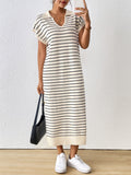 Women's Knitted Striped V-neck Long Dress