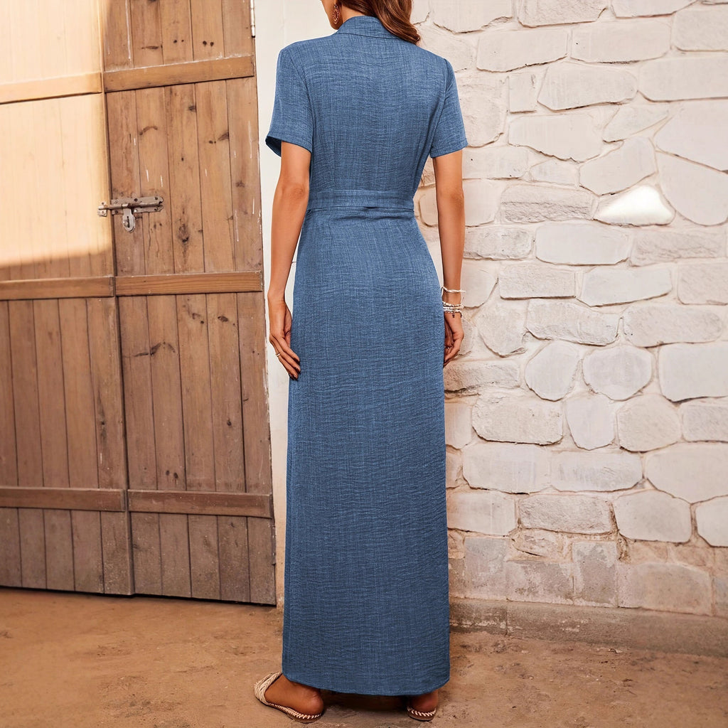 Women's Lapel Dress Cardigan Button Belt Decorated Dress