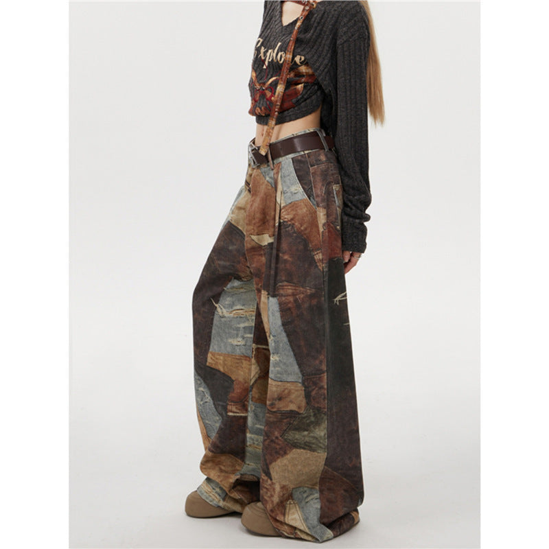 Retro Print Wide-leg Jeans For Men And Women Low-rise Pants