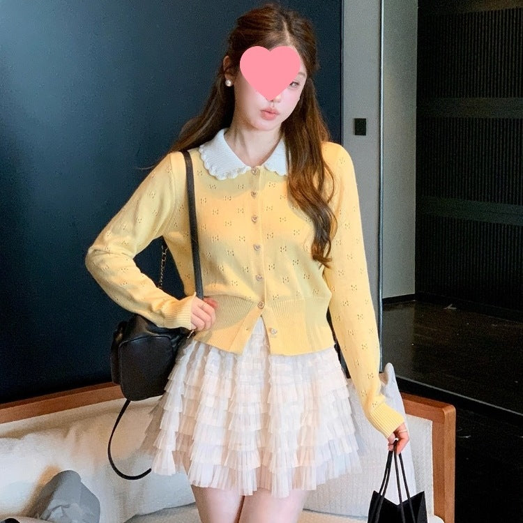 Navy Blue Contrast Color Doll Collar Petal Design Long Sleeve Knit Sweater