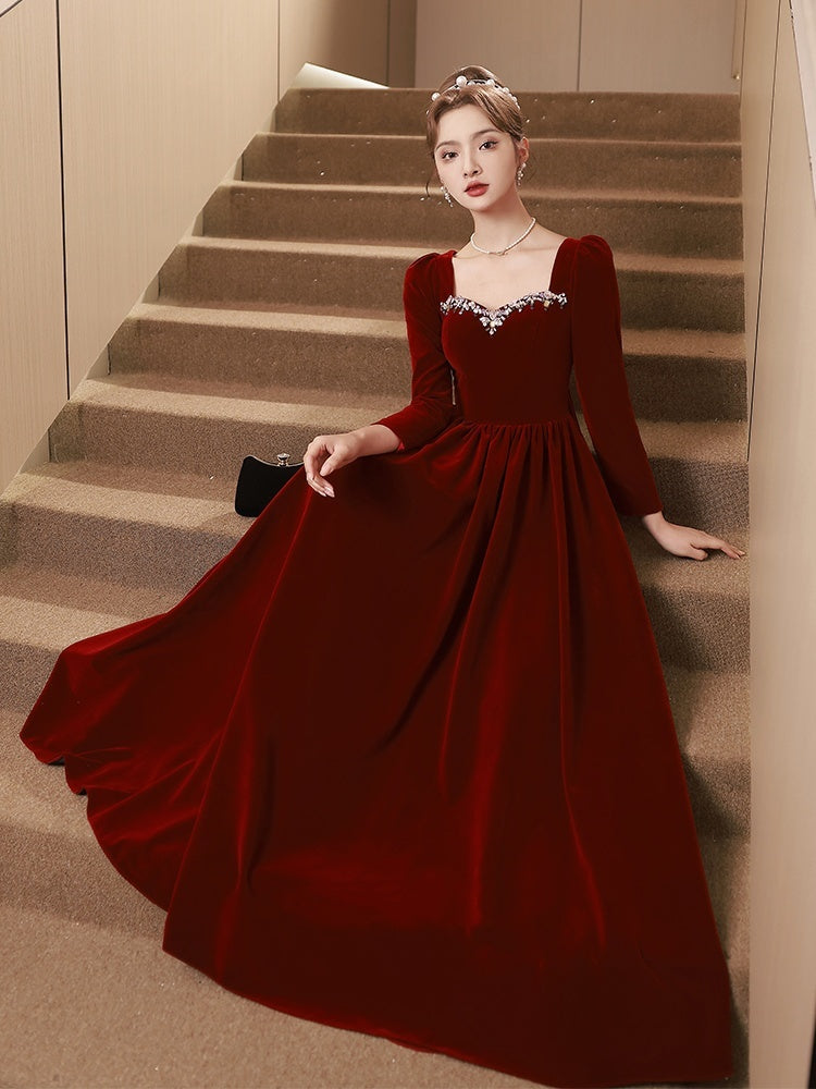 Wine Red Velvet Evening Dress Bride Out Of Court Banquet Dress