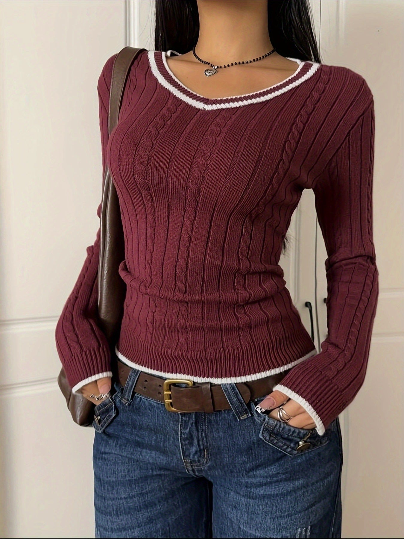 Color-block Casual Sweater Slim-fit V-neck Pullover Knit Top