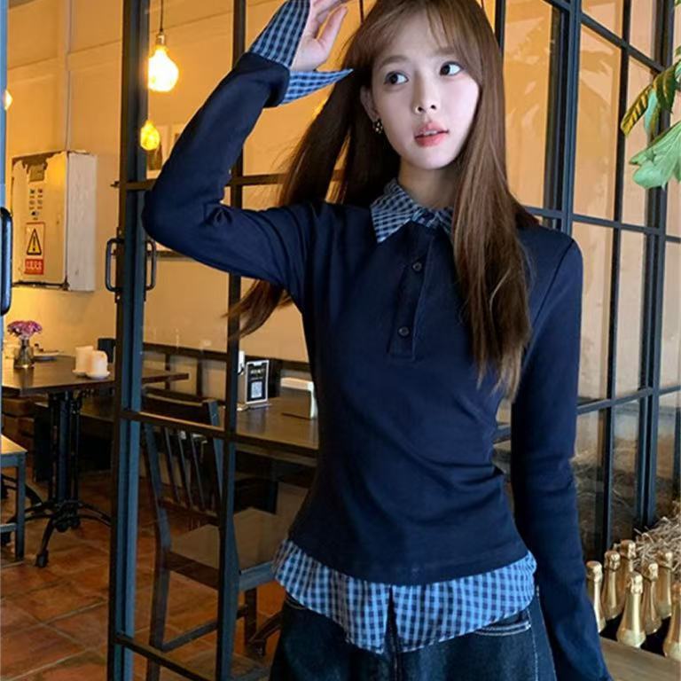 Fashion Fake Two-piece Slim-fit Long-sleeved T-shirt For Women