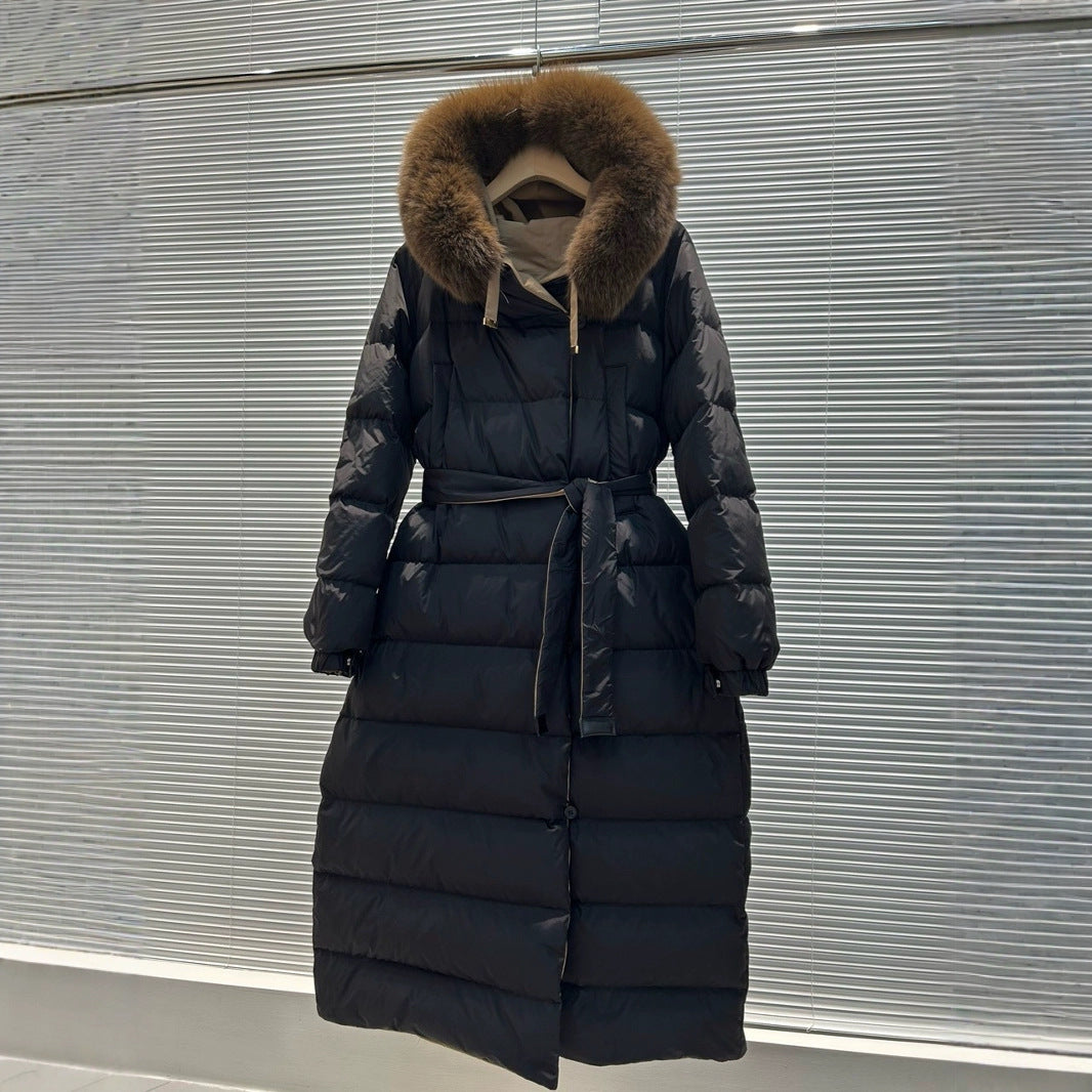 Color-blocked Hooded Reversible Thick Waist-cinching Long Coat For Women