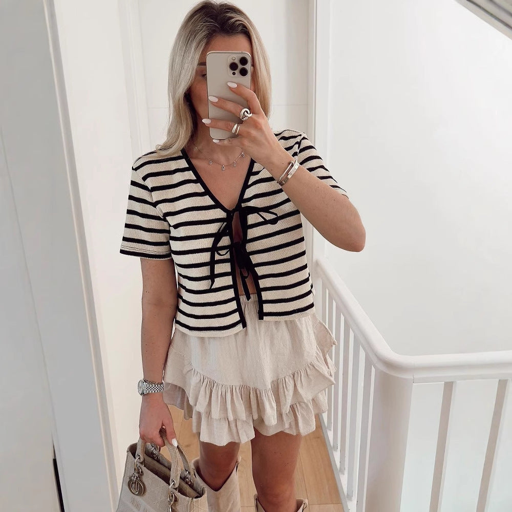 Women's Striped Tie-dye Spliced Fashion Short Sleeve