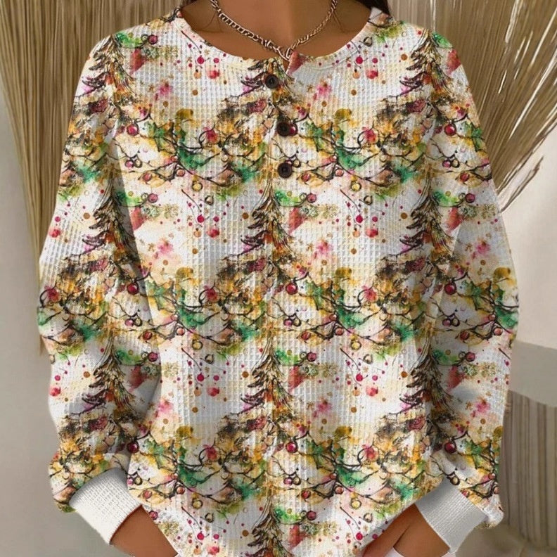 Retro 3D Digital Print Three-button Stand Collar Top