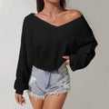 European And American Elegant And Intellectual Style Loose T-shirt Autumn And Winter V-neck Versatile Slim Off-shoulder Design Top