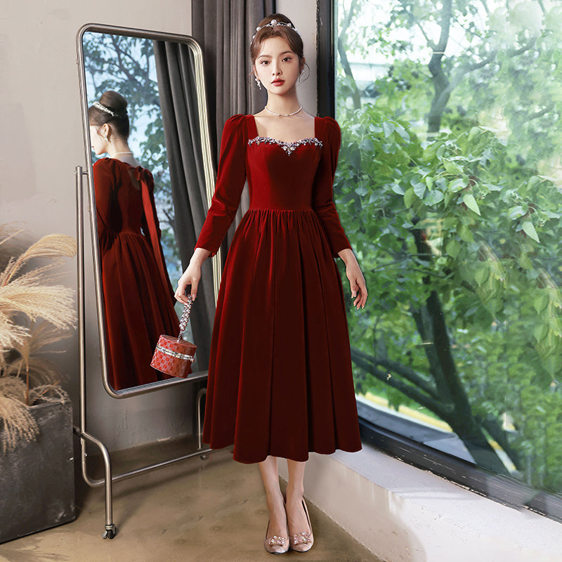 Wine Red Velvet Evening Dress Bride Out Of Court Banquet Dress