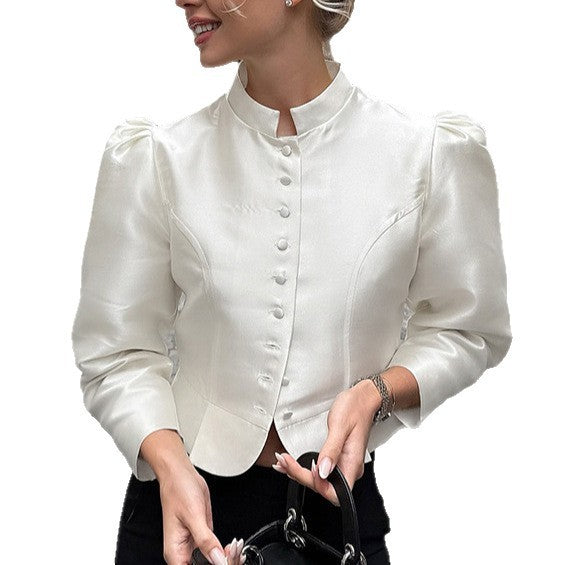 Women's Stand Collar Puff Sleeve Elegant Shirt